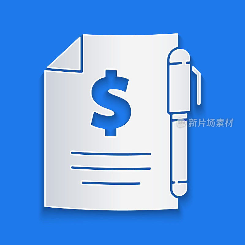Paper cut Contract money and pen icon isolated on blue background. Banking document dollar file finance money page. Paper art style. Vector Illustration